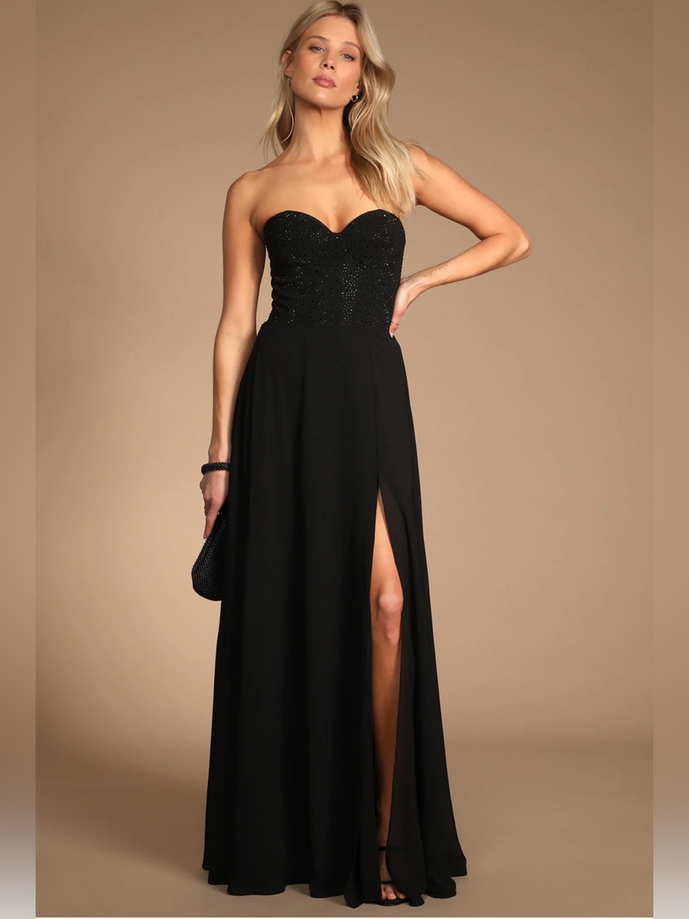 NWT Lulu's Strapless Black Rhinestone Bustier top Evening Gown with Slit Large